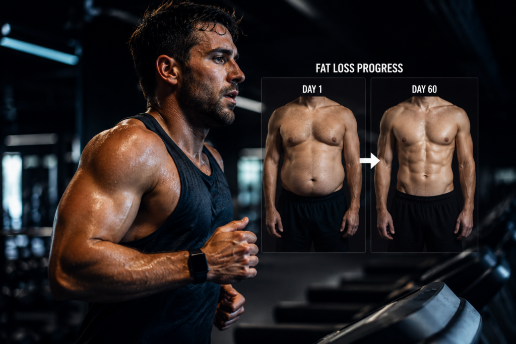 Person performing cardio for fat loss on treadmill in dramatic gym environment